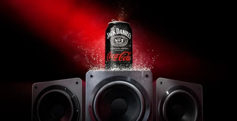 one can of Jack Daniels & Coca Cola sitting on a vibrating speaker with splashing liquid
