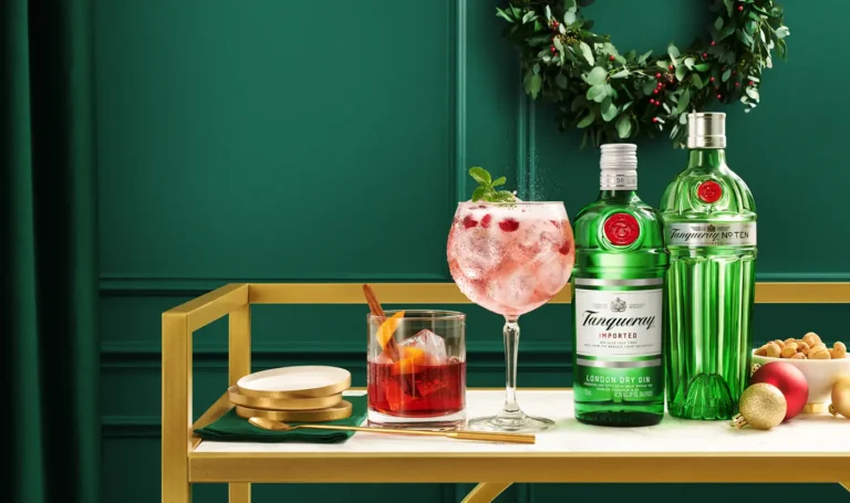 Tanqueray Gin london dry and no 10 bottles in a festive scene