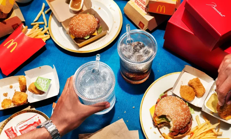 First-person view of a McDonald's meal on a blue tray, featuring a burger, fries, and a cold drink.