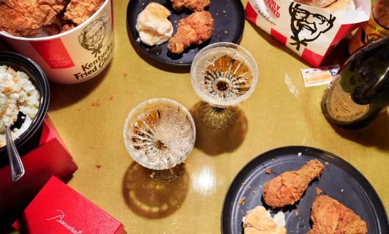 Baccarat A casual table setting with beer, small bites, and plates of food in a warm-lit room.